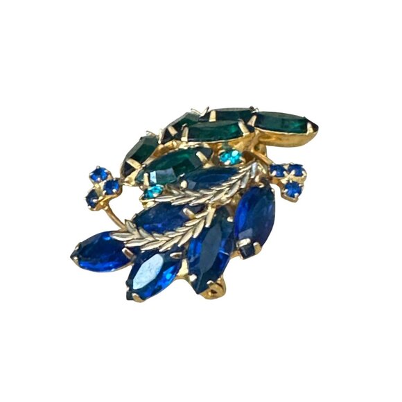 Vintage Rich Saphire Emerald Glass Rhinestone Gold Tone Brooch Pin 2" x 1.5" - Picture 5 of 5
